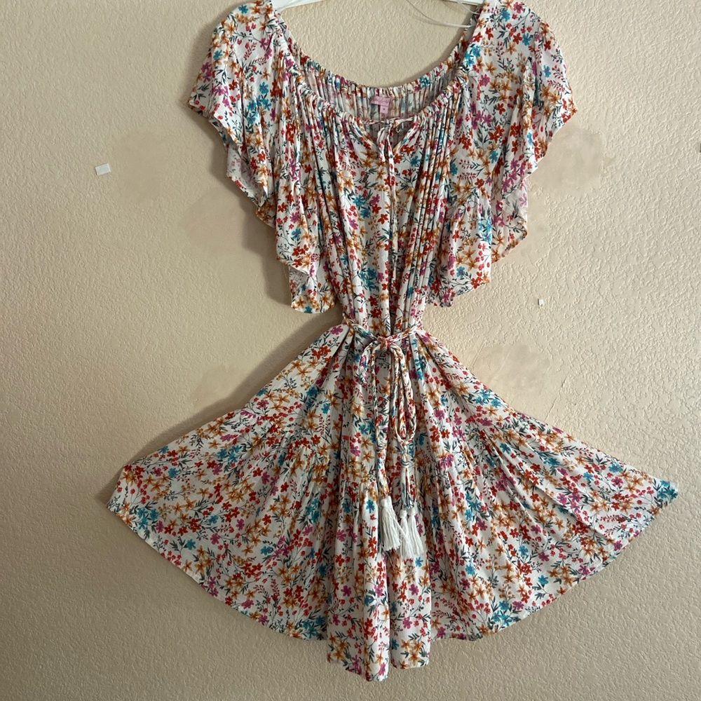 Rose & Rhyme Floral Ruffle Dress with Tassel Tie Size M